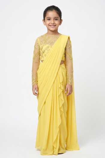 Vivek Patel Sheer Sleeves Saree Gown For Kids
