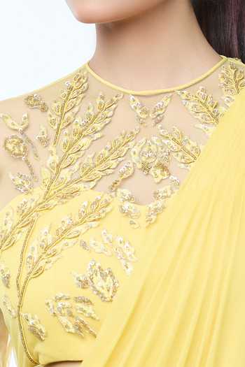 Vivek Patel Yellow Georgette Sequin, Thread, 3d Flower, Bead Sheer Sleeves Saree Gown For Kids Online at Aza Fashions Vivek Patel_Yellow Georgette Sequin, Thread, 3d Flower, Bead Sheer Sleeves Saree Gown For Kids_Online_at_Aza_Fashions