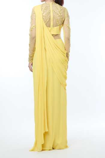 Vivek Patel Sheer Sleeves Saree Gown For Kids