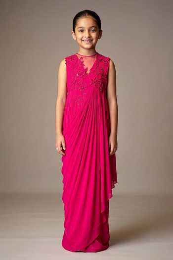 Vivek Patel 3D Floral Embellished Draped Gown For Kids