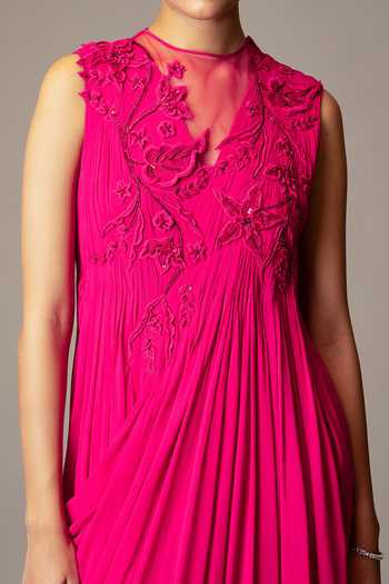 Vivek Patel Fuchsia Georgette Patch Work, 3d Floral, Bead Embellished Draped Gown For Kids Online at Aza Fashions Vivek Patel_Fuchsia Georgette Patch Work, 3d Floral, Bead Embellished Draped Gown For Kids_Online_at_Aza_Fashions
