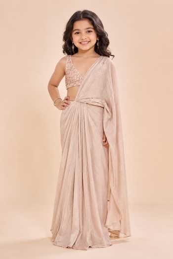 Zoon Foil Georgette Pre-Draped Saree With Embroidered Blouse For Kids
