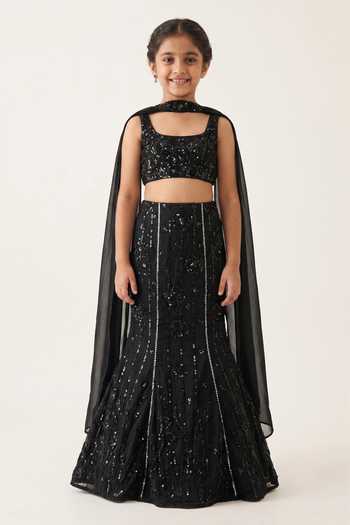 Zoon Aari Embroidered Fish Cut Lehenga Set For Kids