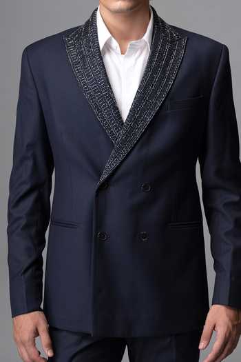Vivek Patel Navy Nero Hand Embroidered Shawl Lapel Blazer And Trouser For Kids Online at Aza Fashions Vivek Patel_Navy Nero Hand Embroidered Shawl Lapel Blazer And Trouser For Kids_Online_at_Aza_Fashions