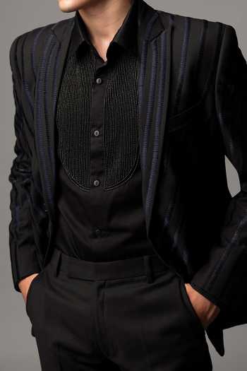 Vivek Patel Black Etch Striped Machine Embroidered Blazer And Trouser For Kids Online at Aza Fashions Vivek Patel_Black Etch Striped Machine Embroidered Blazer And Trouser For Kids_Online_at_Aza_Fashions