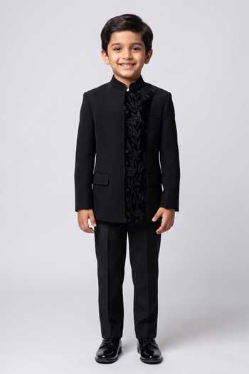 Vivek Patel Silva Floral Embroidered Bandhgala & Trouser Set For Kids