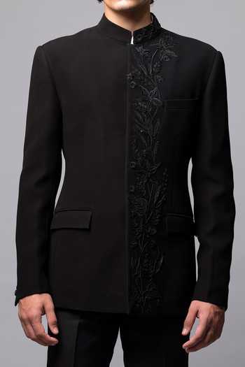 Vivek Patel Black Silva Floral Embroidered Bandhgala And Trouser Set For Kids Online at Aza Fashions Vivek Patel_Black Silva Floral Embroidered Bandhgala And Trouser Set For Kids_Online_at_Aza_Fashions