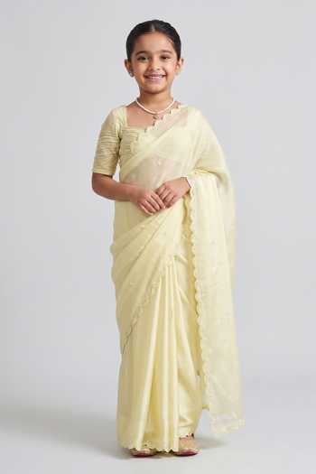 Zoon Aari Embroidered Pre-Draped Saree With Blouse For Kids