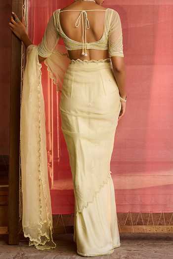 Zoon Aari Embroidered Pre-Draped Saree With Blouse For Kids