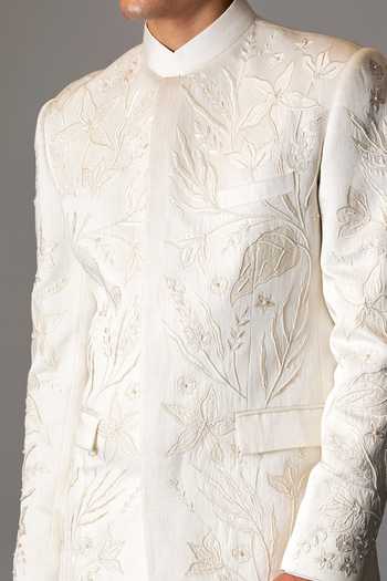 Vivek Patel Ivory Albar Floral Embroidered Bandhgala And Trouser Set For Kids Online at Aza Fashions Vivek Patel_Ivory Albar Floral Embroidered Bandhgala And Trouser Set For Kids_Online_at_Aza_Fashions