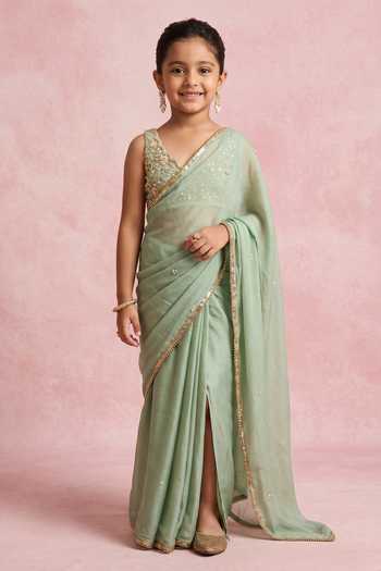 Zoon Aari Embroidered Pre-Draped Saree With Blouse For Kids