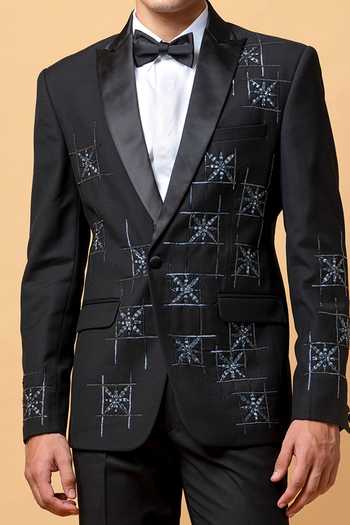 Vivek Patel Black Rune Geometric Hand Embroidered Blazer Set For Kids Online at Aza Fashions Vivek Patel_Black Rune Geometric Hand Embroidered Blazer Set For Kids_Online_at_Aza_Fashions