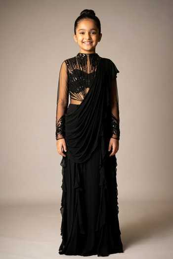 Vivek Patel Black Embellished Ruffle Saree Gown For Kids