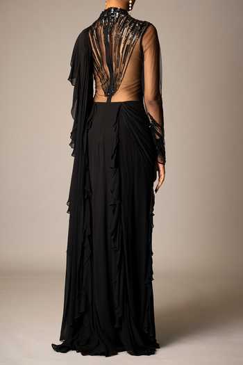 Vivek Patel Black Embellished Ruffle Saree Gown For Kids