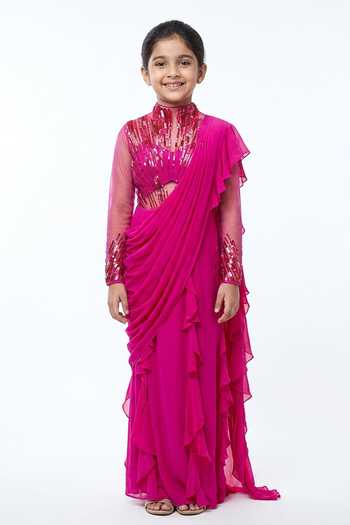 Vivek Patel Abstract Radial Embellished Saree Gown For Kids