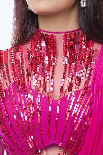 Vivek Patel Fuchsia Crepe Pearl, Sequin, Bead, Glass Moti, Abstract Embellished Saree Gown For Kids Online at Aza Fashions Vivek Patel_Fuchsia Crepe Pearl, Sequin, Bead, Glass Moti, Abstract Embellished Saree Gown For Kids_Online_at_Aza_Fashions