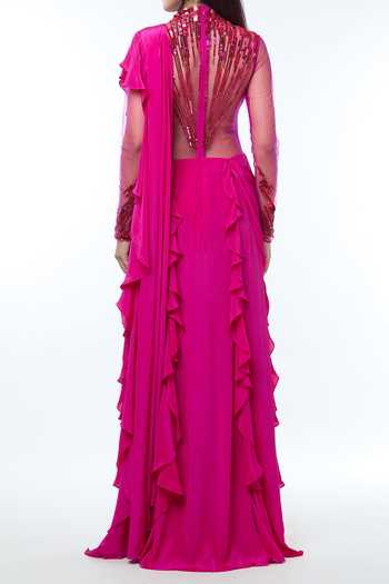 Vivek Patel Abstract Radial Embellished Saree Gown For Kids