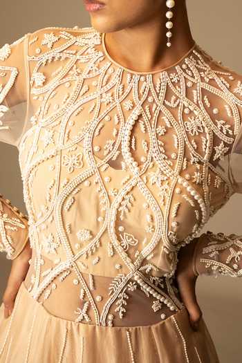 Vivek Patel Beige Silk Organza Dori, Resham, Bead, 3d Embellished Blouse With Lehenga Saree For Kids Online at Aza Fashions Vivek Patel_Beige Silk Organza Dori, Resham, Bead, 3d Embellished Blouse With Lehenga Saree For Kids_Online_at_Aza_Fashions