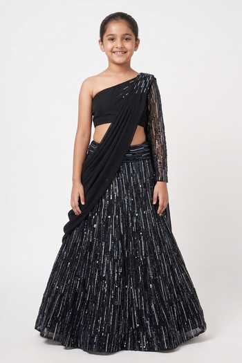 Vivek Patel Sequin Embellished Lehenga Set With Shoulder Drape For Kids