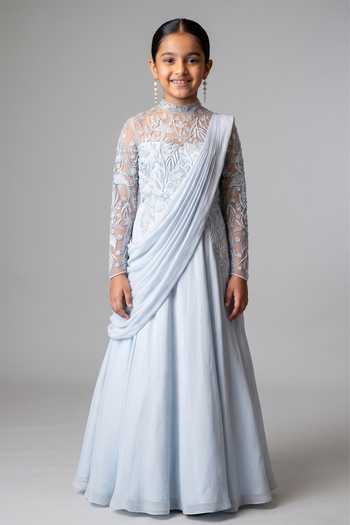 Vivek Patel Embellished Yoke Gown With Shoulder Drape For Kids