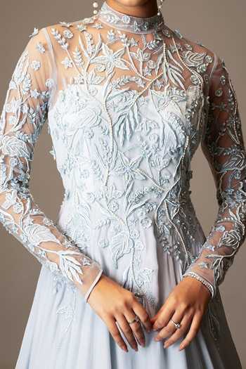 Vivek Patel_Blue Crepe Pearl, Resham, Sequin, Embellished Yoke Gown With Shoulder Drape For Kids_Online_at_Aza_Fashions