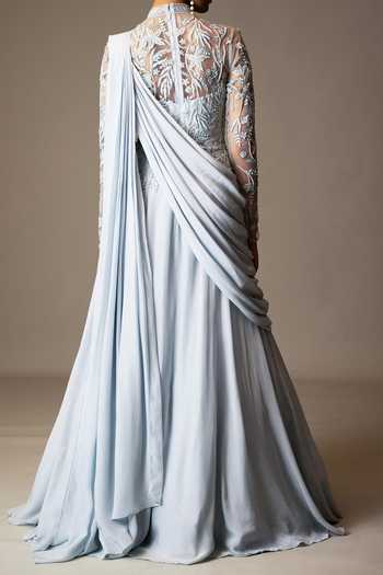Vivek Patel Embellished Yoke Gown With Shoulder Drape For Kids