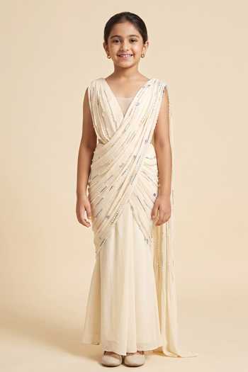 Vivek Patel Ivory Hand Embroidered Saree Gown For Kids