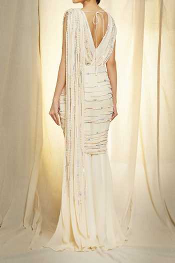 Vivek Patel Ivory Hand Embroidered Saree Gown For Kids