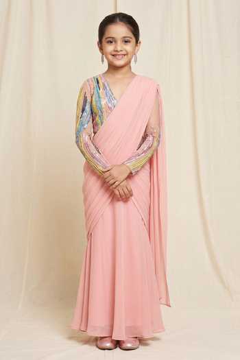 Vivek Patel Hand Embroidered Pre-Draped Saree Gown For Kids