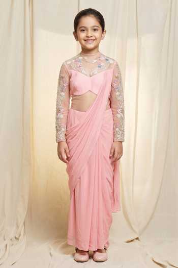 Vivek Patel Hand Embroidered Crepe Saree Gown For Kids