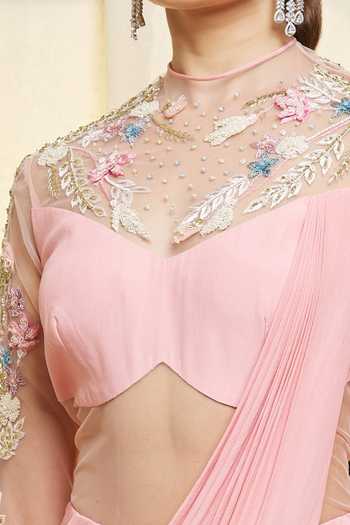 Vivek Patel Pink Crepe Floral, Pearls, Sequins, Beads, Artwork, Hand Embroidered Saree Gown For Kids Online at Aza Fashions Vivek Patel_Pink Crepe Floral, Pearls, Sequins, Beads, Artwork, Hand Embroidered Saree Gown For Kids_Online_at_Aza_Fashions