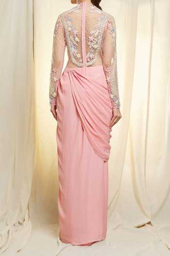 Vivek Patel Hand Embroidered Crepe Saree Gown For Kids