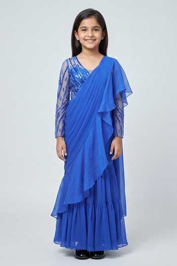 Vivek Patel Teal Blue 3D Patch Work Saree Gown For Kids