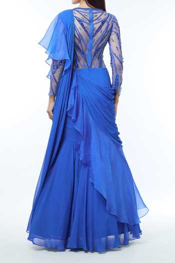 Vivek Patel Teal Blue 3D Patch Work Saree Gown For Kids