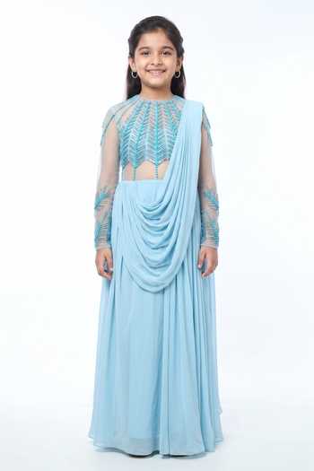 Vivek Patel Cut-Work Embellished Pre-Draped Saree Gown For Kids