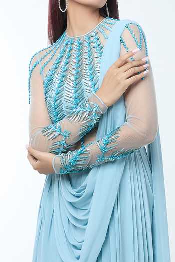 Vivek Patel Blue Georgette Sequin, Bead, Cut Cut-work Embellished Pre-draped Saree Gown For Kids Online at Aza Fashions Vivek Patel_Blue Georgette Sequin, Bead, Cut Cut-work Embellished Pre-draped Saree Gown For Kids_Online_at_Aza_Fashions