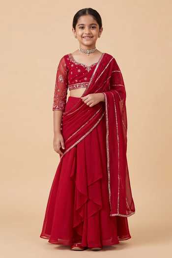 Zoon Aari Embroidered Pre-Draped Saree With Blouse For Kids