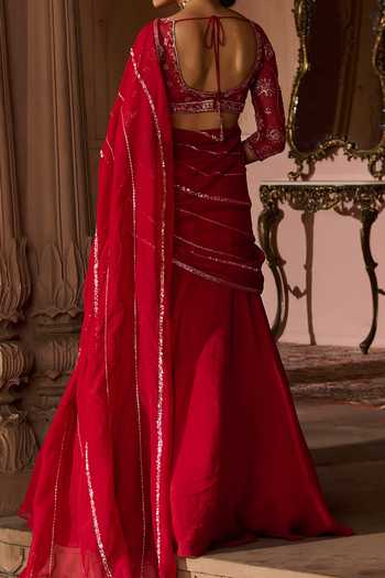 Zoon Aari Embroidered Pre-Draped Saree With Blouse For Kids