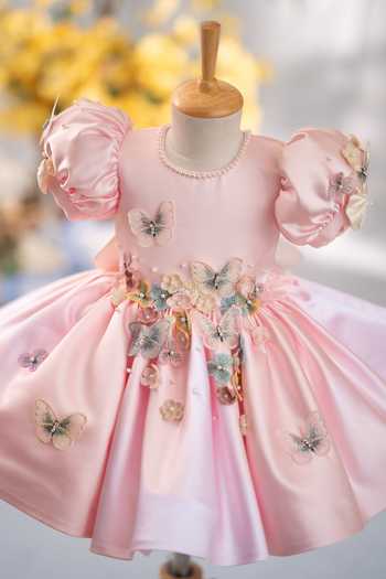 Buy_Ruchika Lath Label_Pink Satin, Tulle Flora Butterfly Dress With Hair Accessory 