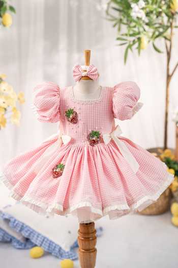 Shop Ruchika Lath Label Pink Cotton, Taffeta Berry First Birthday Dress With Hair Accessory Online at Aza Fashions Shop_Ruchika Lath Label_Pink Cotton, Taffeta Berry First Birthday Dress With Hair Accessory _Online_at_Aza_Fashions