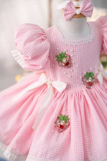 Ruchika Lath Label Pink Cotton, Taffeta Berry First Birthday Dress With Hair Accessory at Aza Fashions Ruchika Lath Label_Pink Cotton, Taffeta Berry First Birthday Dress With Hair Accessory _at_Aza_Fashions