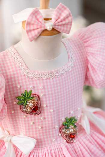 Buy Ruchika Lath Label Pink Cotton, Taffeta Berry First Birthday Dress With Hair Accessory Buy_Ruchika Lath Label_Pink Cotton, Taffeta Berry First Birthday Dress With Hair Accessory