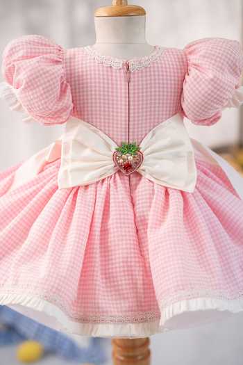 Shop Ruchika Lath Label Pink Cotton, Taffeta Berry First Birthday Dress With Hair Accessory Shop_Ruchika Lath Label_Pink Cotton, Taffeta Berry First Birthday Dress With Hair Accessory