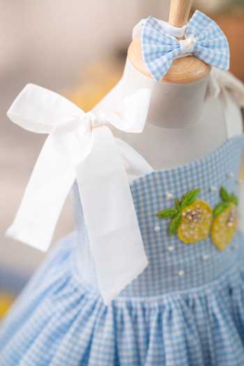 Ruchika Lath Label Blue Cotton, Taffeta Lemon Gingham Dress With Hair Accessory Online at Aza Fashions Ruchika Lath Label_Blue Cotton, Taffeta Lemon Gingham Dress With Hair Accessory _Online_at_Aza_Fashions