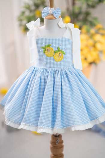 Shop Ruchika Lath Label Blue Cotton, Taffeta Lemon Gingham Dress With Hair Accessory Online at Aza Fashions Shop_Ruchika Lath Label_Blue Cotton, Taffeta Lemon Gingham Dress With Hair Accessory _Online_at_Aza_Fashions