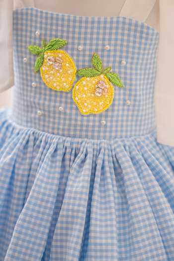 Buy Ruchika Lath Label Blue Cotton, Taffeta Lemon Gingham Dress With Hair Accessory Buy_Ruchika Lath Label_Blue Cotton, Taffeta Lemon Gingham Dress With Hair Accessory