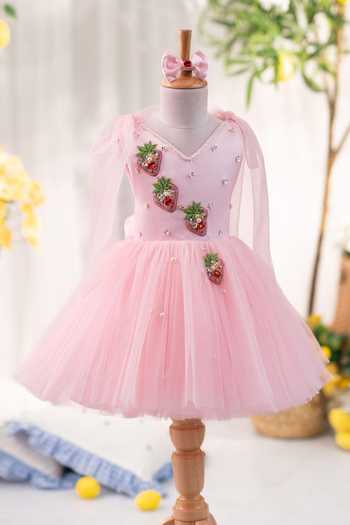 Ruchika Lath Label Pink Satin, Tulle Strawberry Tie Up Dress With Hair Accessory Online at Aza Fashions Ruchika Lath Label_Pink Satin, Tulle Strawberry Tie Up Dress With Hair Accessory _Online_at_Aza_Fashions
