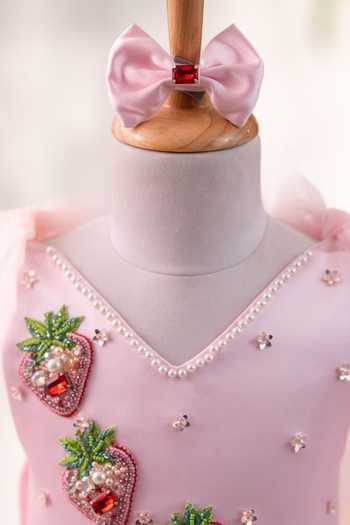 Buy Ruchika Lath Label Pink Satin, Tulle Strawberry Tie Up Dress With Hair Accessory Buy_Ruchika Lath Label_Pink Satin, Tulle Strawberry Tie Up Dress With Hair Accessory
