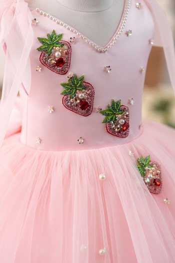 Shop Ruchika Lath Label Pink Satin, Tulle Strawberry Tie Up Dress With Hair Accessory Shop_Ruchika Lath Label_Pink Satin, Tulle Strawberry Tie Up Dress With Hair Accessory