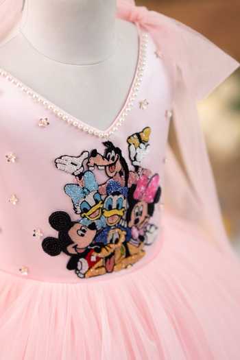 Shop_Ruchika Lath Label_Pink Satin, Tulle Mickey Clubhouse Tie-up Dress With Hair Accessory _Online_at_Aza_Fashions